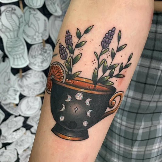 Medium Neo Traditional Moon Phases Teacup Lavender Tattoo on Women Arm by @jessievtattoos
