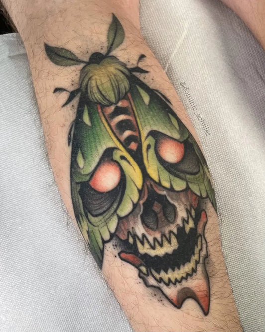 Medium Neo Traditional Moth Skull on Men Forearm Tattoo by @dominic_achilles