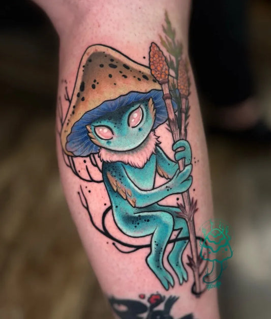 Medium Neo Traditional Mushroom Creature with Pinecone on Women Thigh Tattoo by @_tazuka_