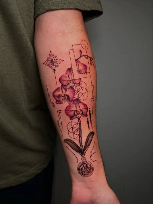 Medium Neo Traditional Orchid and Geometric Tattoo on Men Arm by @adi.dubz