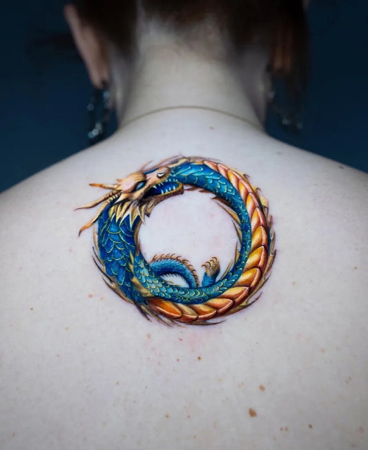 Medium Neo Traditional Ouroboros Tattoo on Women Back by @serenayakcicekx