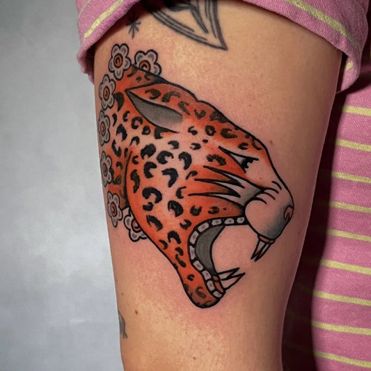 Medium Neo Traditional Panther Flowers Tattoo on Women Arm by @eugene_dil