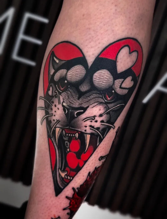 Medium Neo Traditional Panther Heart Tattoo on Women Arm by @japanophil