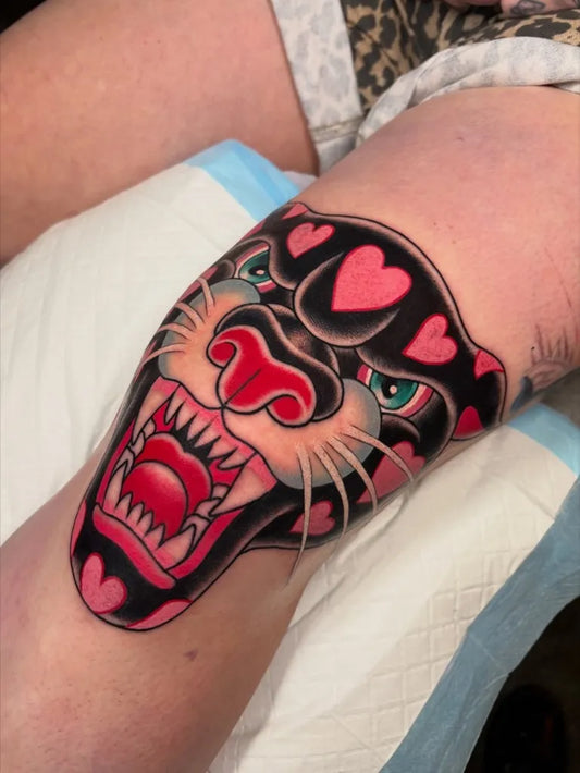 Medium Neo Traditional Panther Heart Tattoo on Women Knee by @melodycrowtattoos