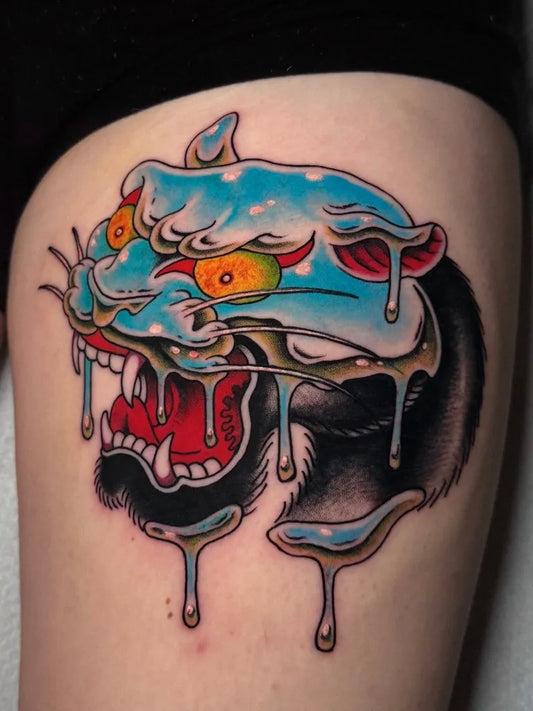 Medium Neo Traditional Panther Tattoo on Women Thigh by @boettts