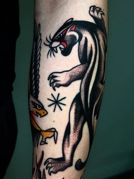 Medium Neo Traditional Panther and Eagle Tattoo on Men Arm by @er.tatuajes