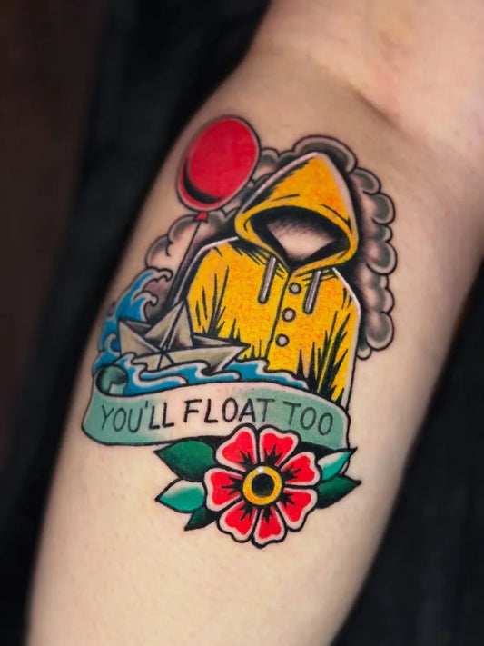 Medium Neo Traditional Pennywise Balloon Jacket Horror Tattoo on Men Arm by @renot_aragontattoo