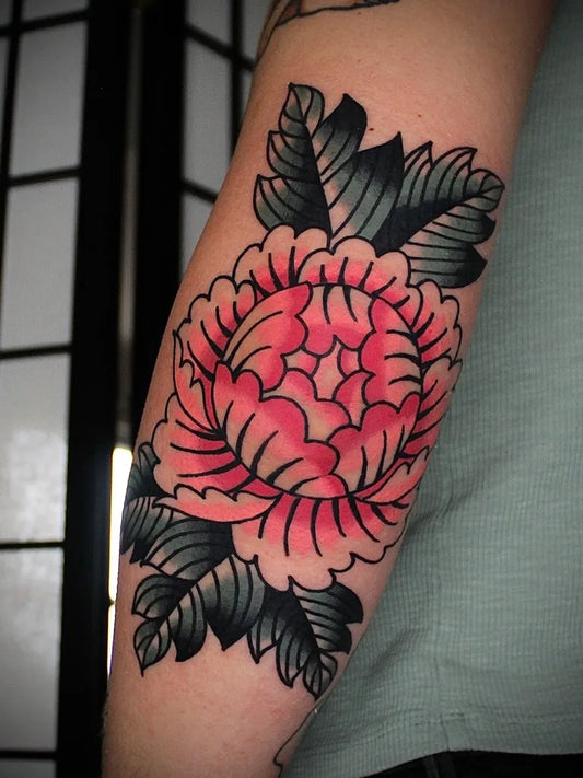 Medium Neo Traditional Peony with Leaves on Women Arm Tattoo by @dustinstemen