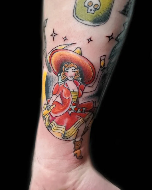 Medium Neo Traditional Pin Up Girl with Sombrero Tattoo on Women Arm by @hellyeahtattooshop