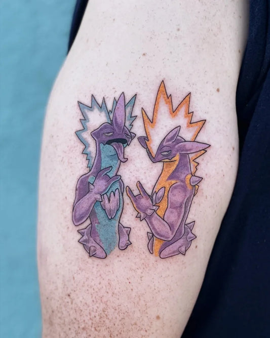 Medium Neo Traditional Pokemon Greninja and Greninja Tattoo on Men Arm by @tiny.toad