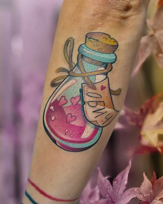 Medium Neo Traditional Potion Bottle with Label and Hearts Cartoon Tattoo on Women Arm by @petjaevlogieva