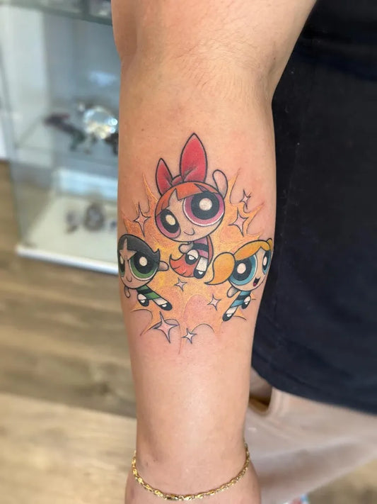 Medium Neo Traditional Powerpuff Girls Cartoon Tattoo on Women Arm by @pear.tree.tattoos