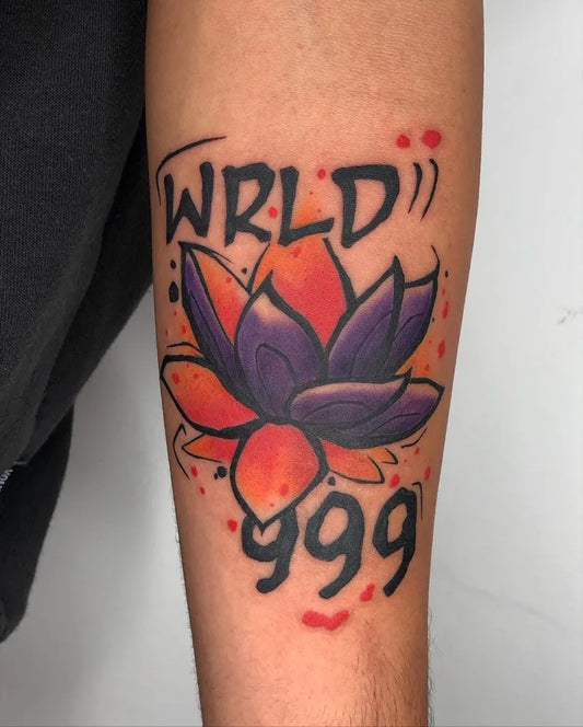Medium Neo Traditional Purple Lotus Flower 999 Tattoo on Men Arm by @alexander_spano_tattoo