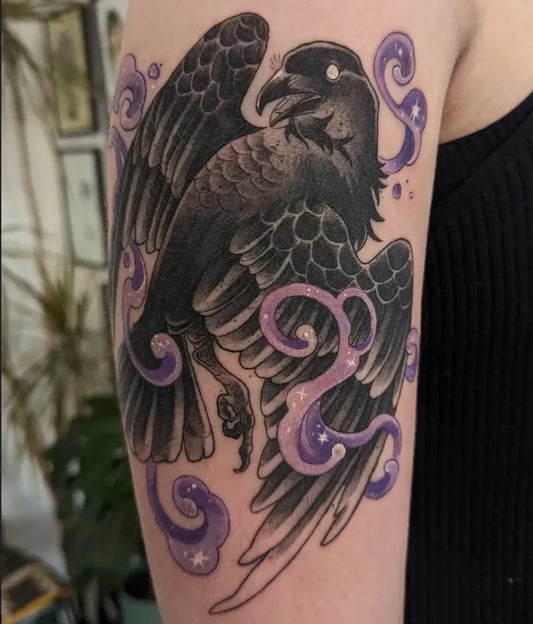 Medium Neo Traditional Raven with Swirls on Women Arm Tattoo by @crucibletattooco