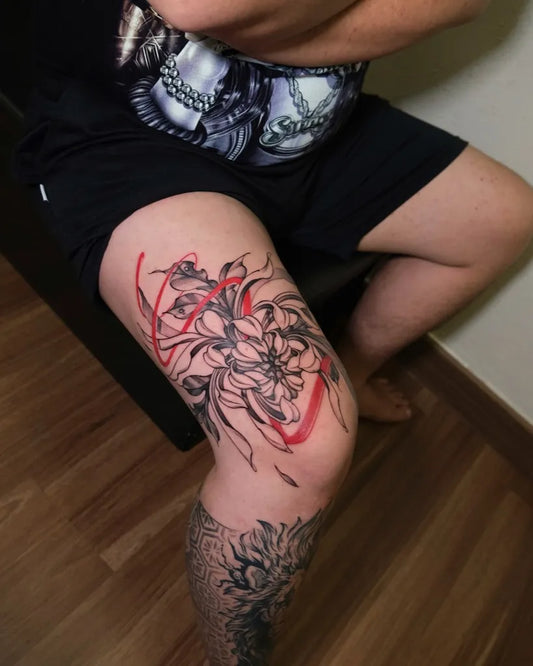 Medium Neo Traditional Red Chrysanthemum Flowers Tattoo on Men Thigh by @keyrinkaswira