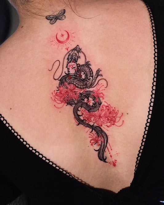 Medium Neo Traditional Red Spider Lily Dragon Tattoo on Women Shoulder by @coimaxtattoo