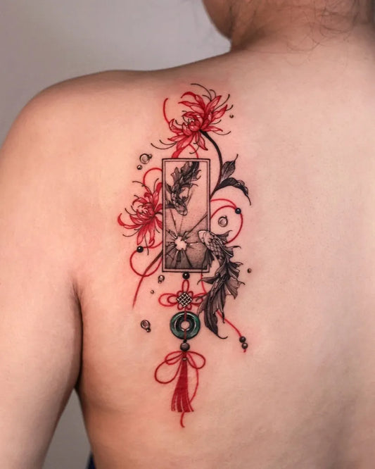 Medium Neo Traditional Red Spider Lily and Lantern Tattoo on Women Shoulder by @zeeyeart