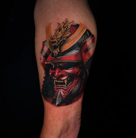 Medium Neo Traditional Samurai Mask Tattoo on Men Arm by @mozztattoos