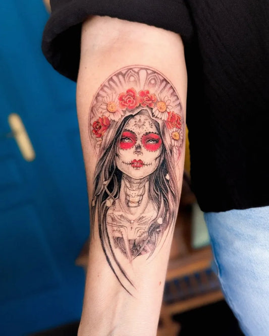 Medium Neo Traditional Santa Muerte with Roses Tattoo on Women Arm by @louccia