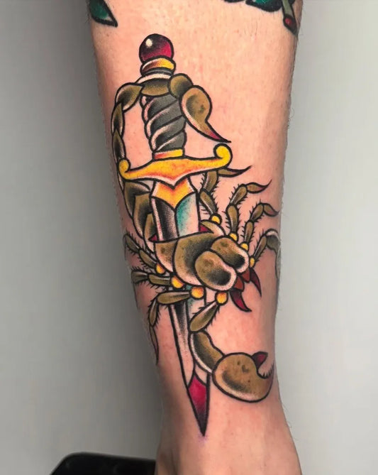 Medium Neo Traditional Scorpion Dagger on Men Arm Tattoo by @koko_trad_tattoo