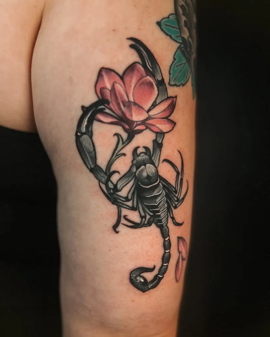 Medium Neo Traditional Scorpion Lotus on Women Arm Tattoo by @xandria.tattoos