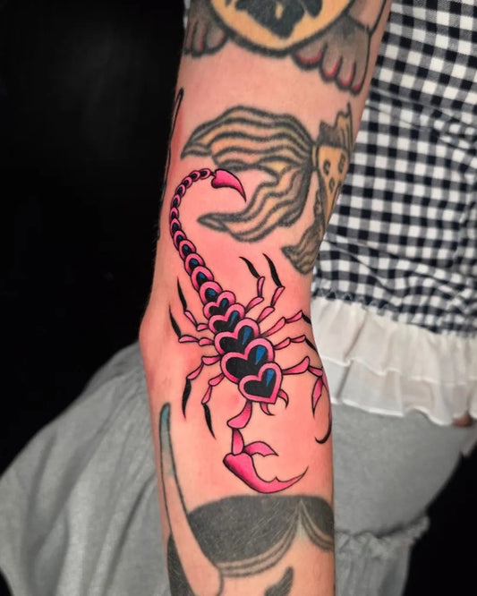 Medium Neo Traditional Scorpion with Hearts on Women Arm Tattoo by @myink_tattoostudio