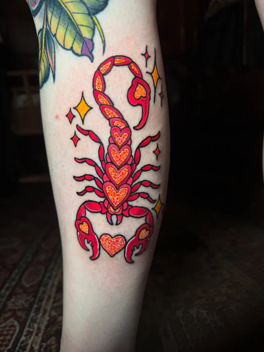 Medium Neo Traditional Scorpion with Hearts on Women Leg Tattoo by @gavinhacketttattooer
