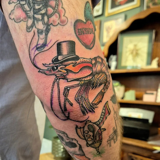 Medium Neo Traditional Shrimp Tattoo on Men Arm by @before_the_mast