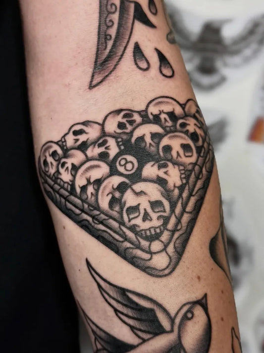Medium Neo Traditional Skull Billiard Rack on Women Arm Tattoo by @artery.ink