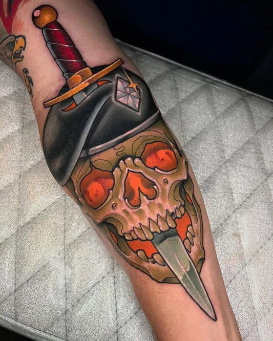 Medium Neo Traditional Skull and Dagger Military Tattoo on Men Arm by @lil_matt_tattoos