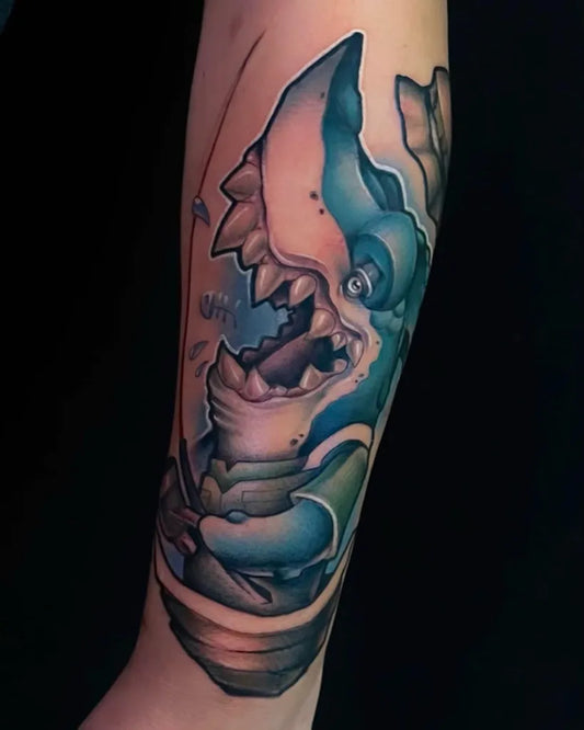 Medium Neo Traditional Snorkeling Shark Animal Tattoo on Men Arm by @outerlimitstattoo