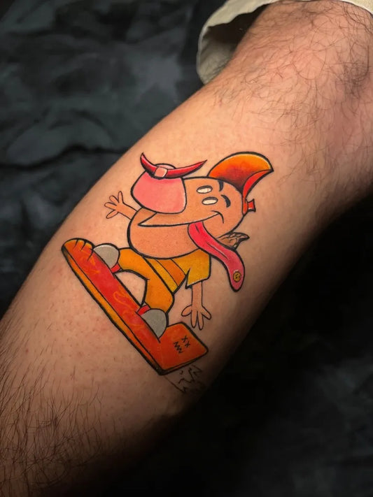 Medium Neo Traditional Snowboarding Dog Cartoon Tattoo on Men Forearm by @eltrece_tattoo