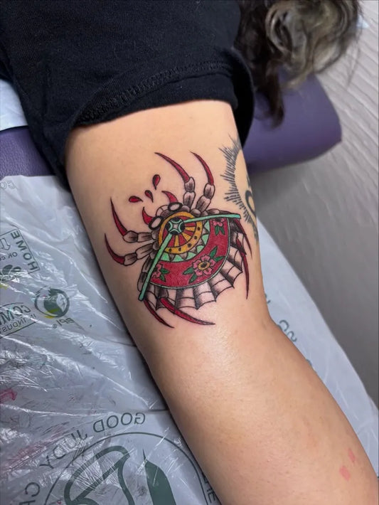 Medium Neo Traditional Spider on Women Arm Tattoo by @chokecherrytattoo