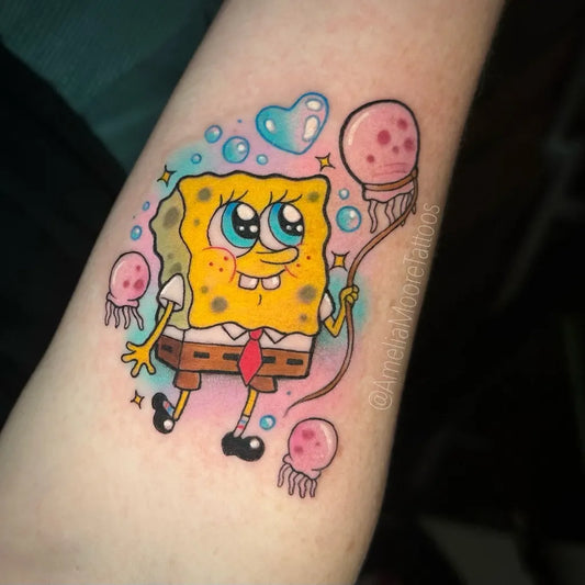 Medium Neo Traditional Spongebob and Jellyfish Cartoon Tattoo on Women Arm by @ameliamooretattoos