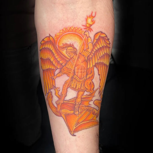 Medium Neo Traditional St Michael Slaying Dragon Tattoo on Men Arm by @kelciekoolaid