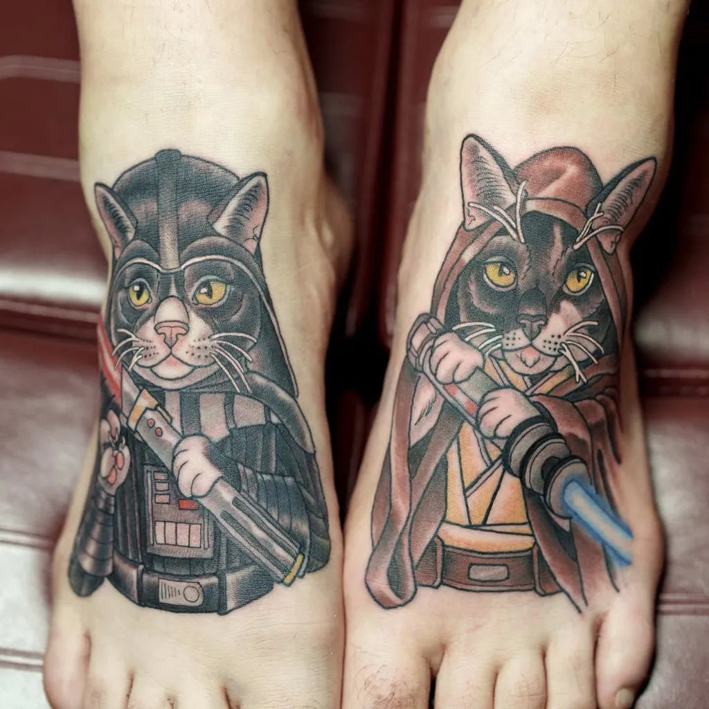 Medium Neo Traditional Star Wars Cats Tattoo on Women Feet by @bennymactattoos