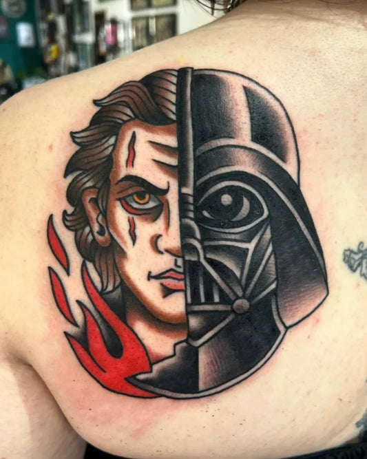Medium Neo Traditional Star Wars Dual Anakin Vader Tattoo on Women Shoulder by @johncrompton_tattoo