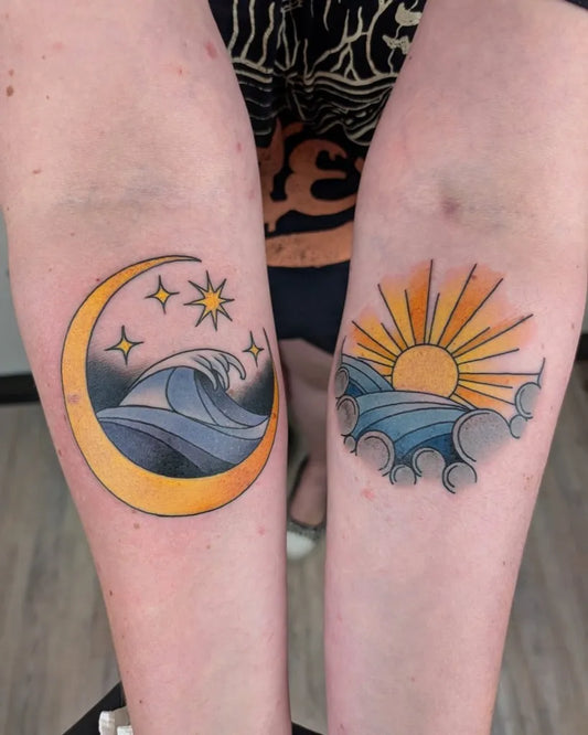 Medium Neo Traditional Sun and Moon on Women Arm Tattoo by @bmooreratc