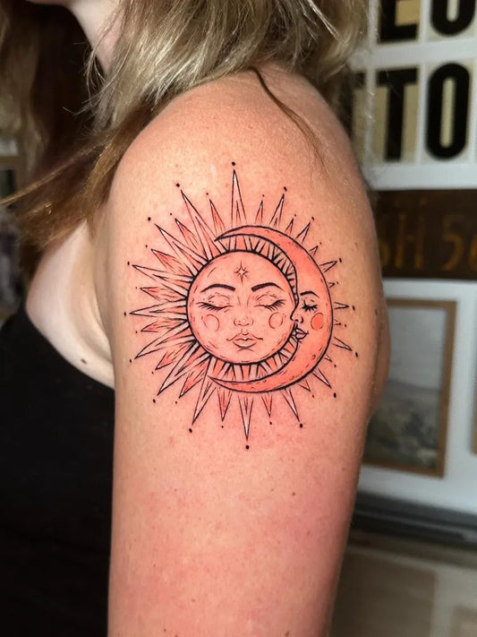 Medium Neo Traditional Sun and Moon on Women Shoulder Tattoo by @bloodxbonds