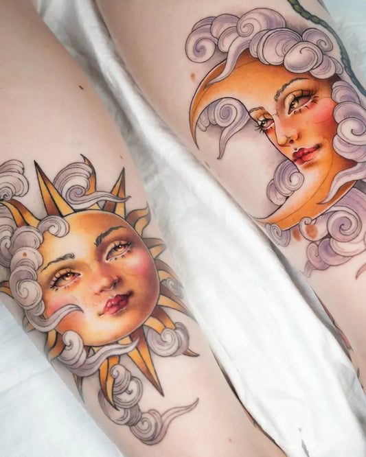 Medium Neo Traditional Sun and Moon on Women Thigh Tattoo by @goldblume_tattoo