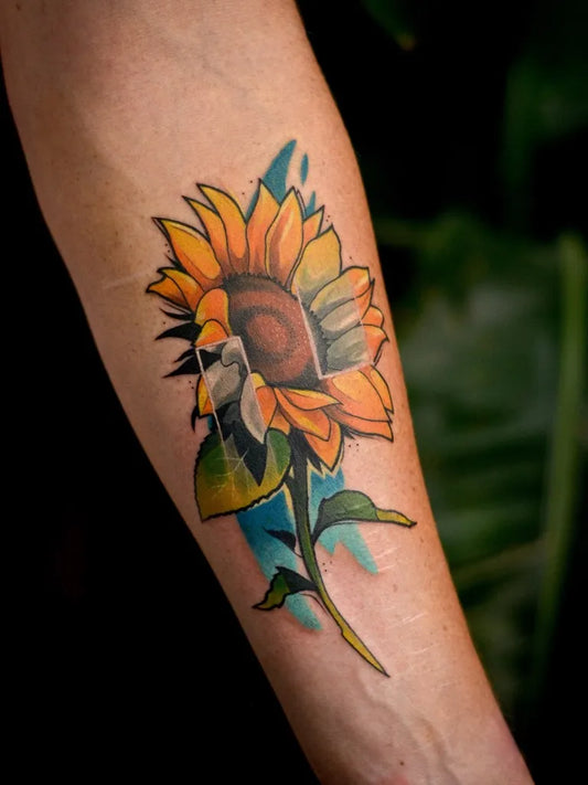 Medium Neo Traditional Sunflower Bee on Women Arm Tattoo by @motorin.tattoo