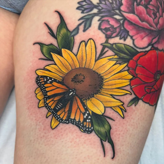Medium Neo Traditional Sunflower Monarch Butterfly Poppy on Women Thigh Tattoo by @crappy_name