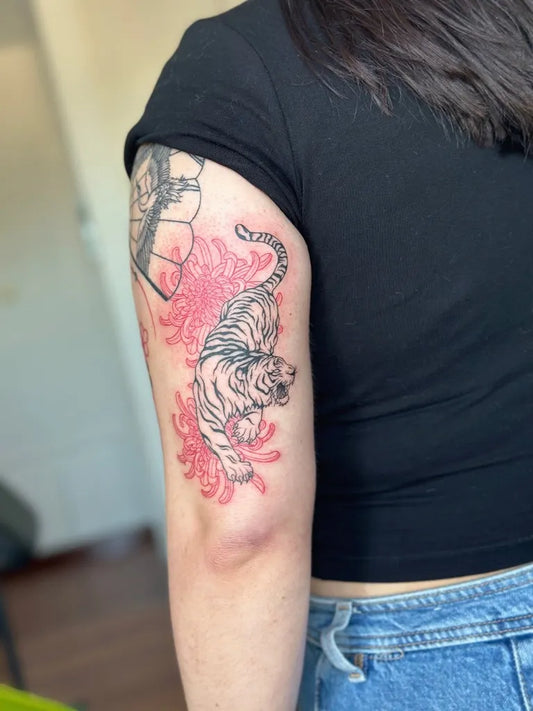 Medium Neo Traditional Tiger Peony Women Arm Tattoo by @zoistattoos