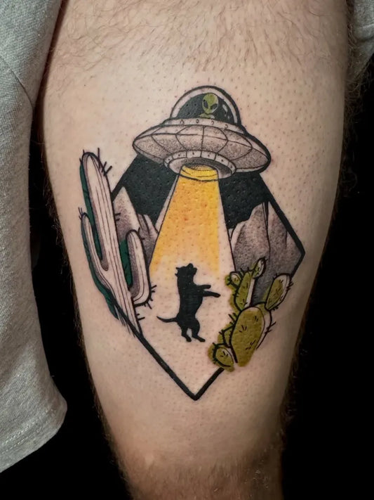 Medium Neo Traditional UFO Cactus Dog Tattoo on Men Thigh by @iam.furia