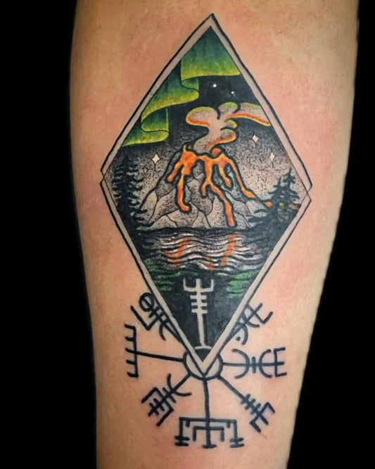 Medium Neo Traditional Vegvisir Aurora Volcano Tattoo on Men Arm by @chipbaskin