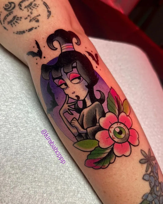 Medium Neo Traditional Witch with Eye Flower Halloween Tattoo on Women Arm by @kirabishoppp