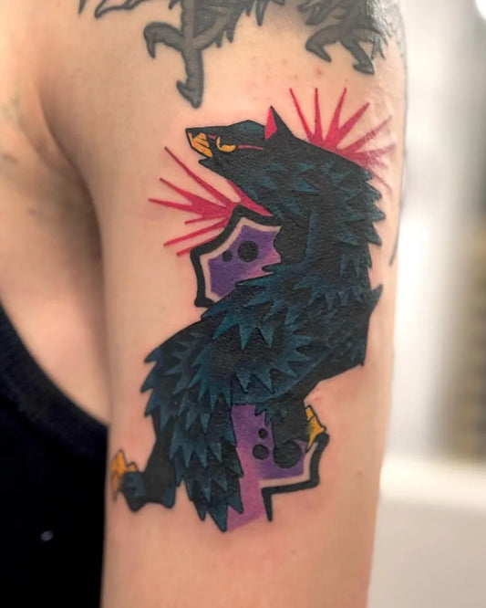 Medium Neo Traditional Wolf on Women Shoulder Tattoo by @toatattooer