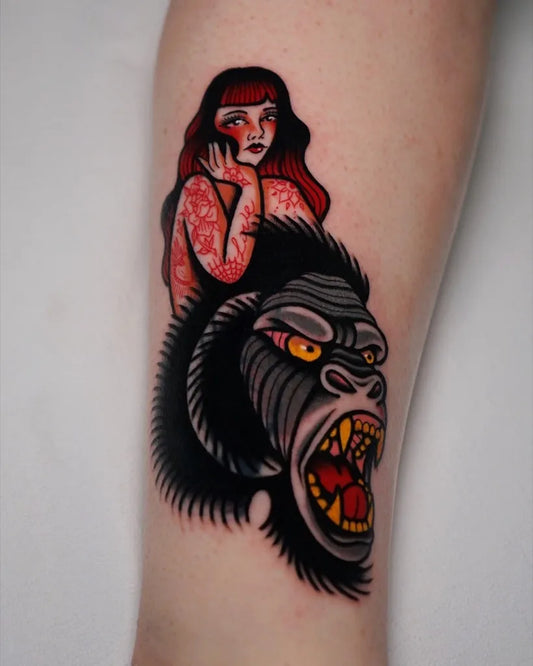 Medium Neo Traditional Woman Riding Gorilla Tattoo on Women Arm by @valebubu_ttt