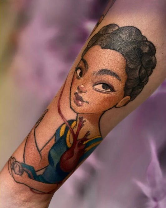 Medium Neo Traditional Woman with Heart Tattoo on Women Arm by @petjaevlogieva