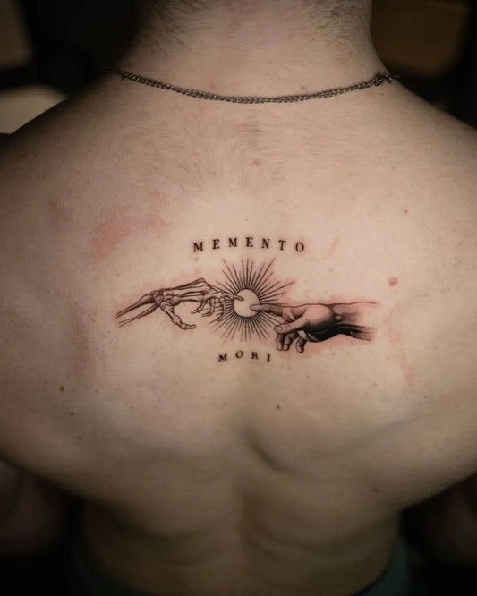 Medium Neoclassical Memento Mori Hands Sun on Men Back Tattoo by @architex_tattoo
